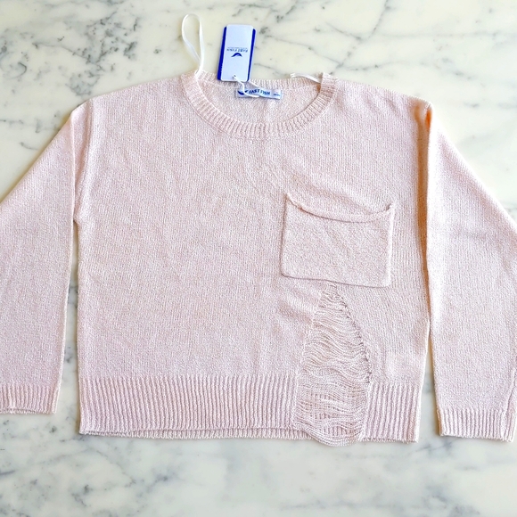 NWT. Cropped Length Dropped Shoulder Ripped Light Pink Sweater with pocket. - Picture 3 of 4
